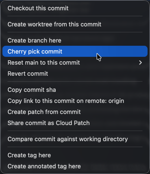 Context menu in GitKraken graph view showing options for a commit